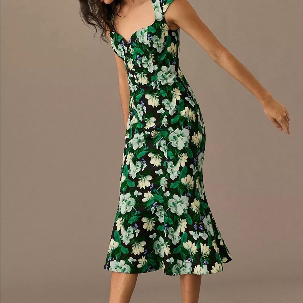 Anthropologie Black Floral Midi Dress with Green and White Blossoms